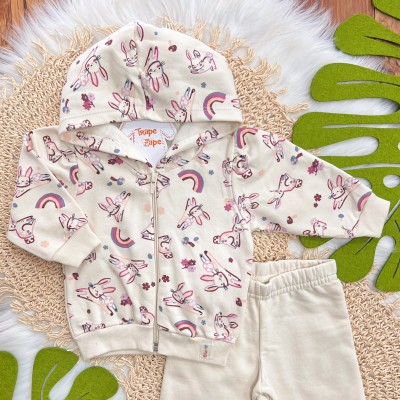 Conj. Jaqueta com Capuz Coelhinhos e Calça de Moletom - Creme